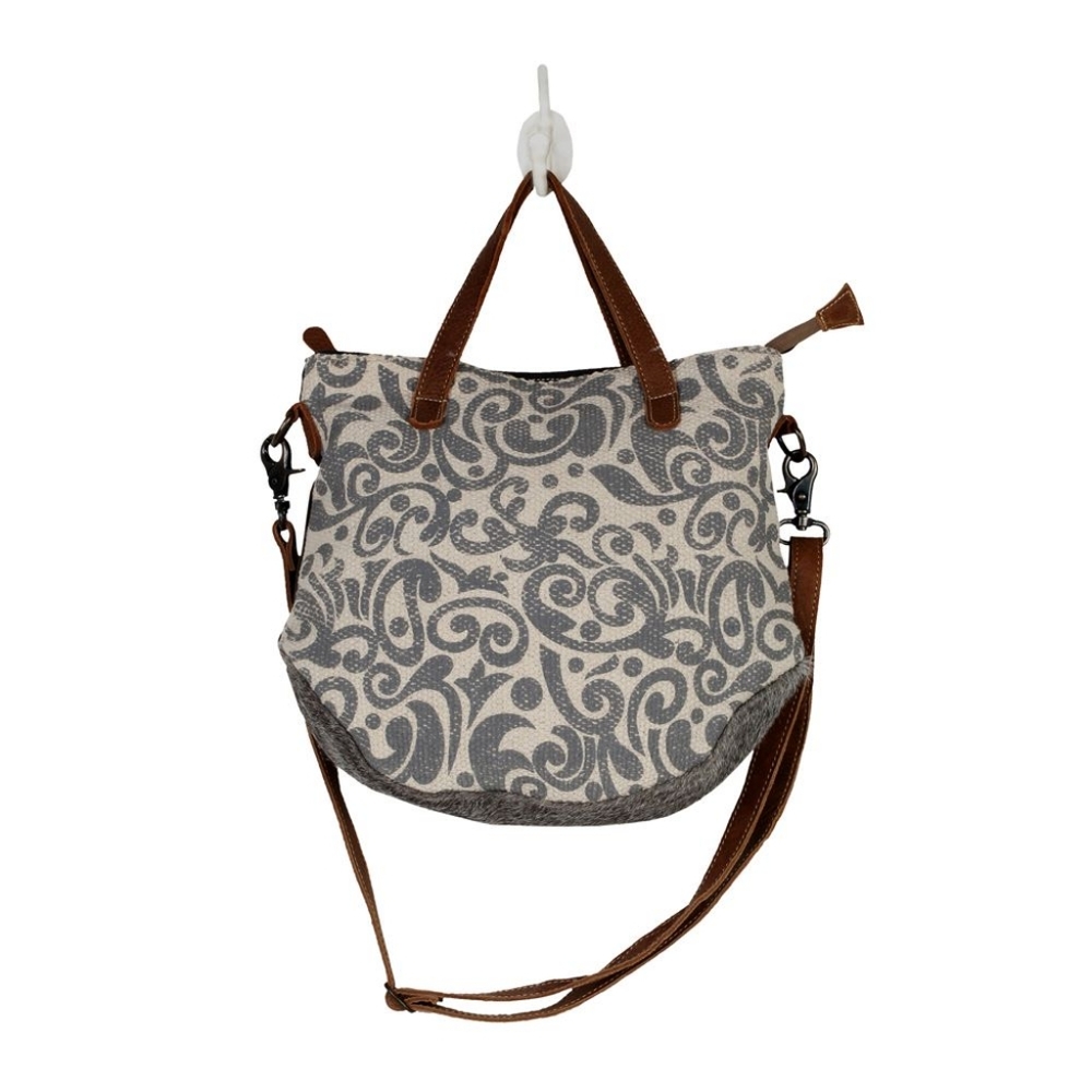 Myra Playful upcycled canvas crossbody with leather and hairon - Picture 4 of 5